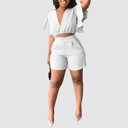 Ruffled V-neck Crop Top & Short Pants Set Black / L