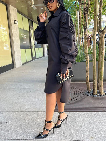 Turndown Collar Long Sleeve Shirt Dress Black / XL