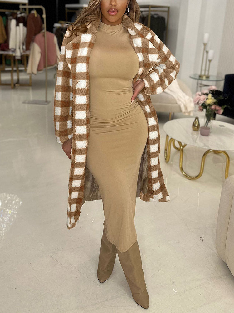 Plaid Fleece Coat Khaki / L