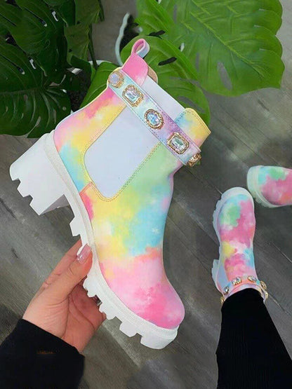 Tie Dye Rhinestone Decor Ankle Boots Multicolor / 5/5.5