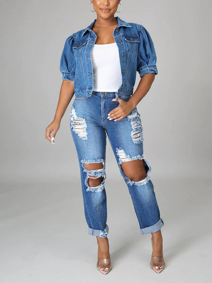 Puff Short Sleeve Denim Jacket Dark Blue / M