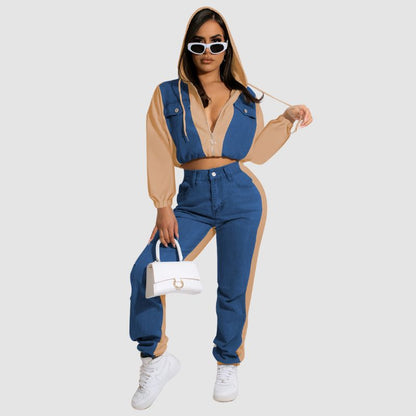 Denim Patchwork Hooded Jacket Set White / L