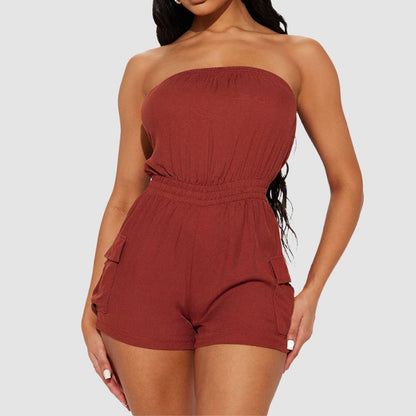 Off Shoulder Tube Top Cargo Romper Green / L