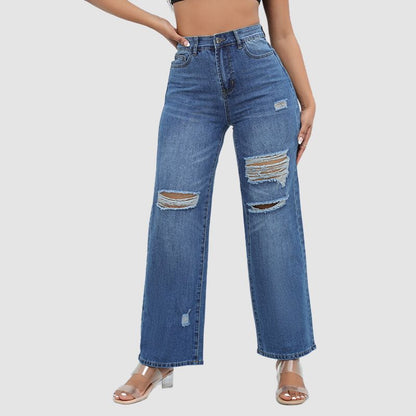 High Waist Ripped Wide Leg Jeans Dark Blue / M