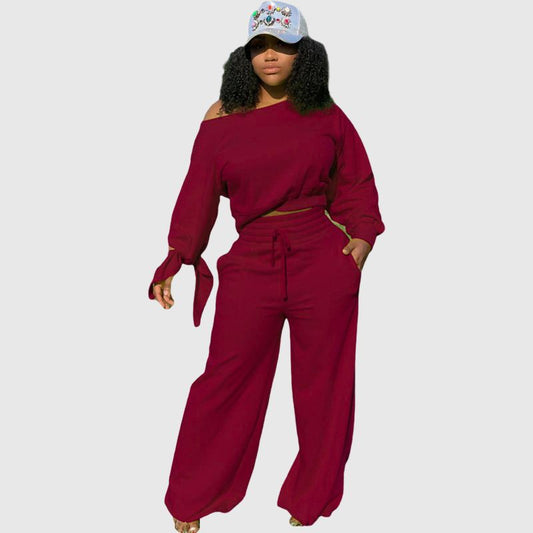 Off-shoulder Wide Leg Pant Set Wine / S