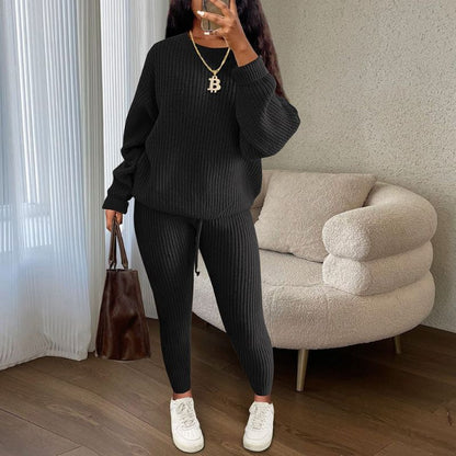 Solid Color Knit Pullover & Pants Set Khaki / M