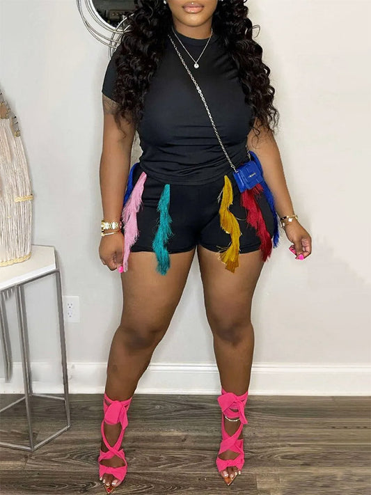 Colorful Fringe Shorts Set Black / S