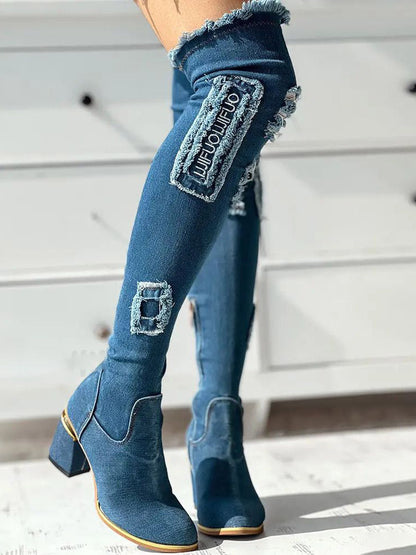 Ripped Over The Knee Denim Boots Blue / 6