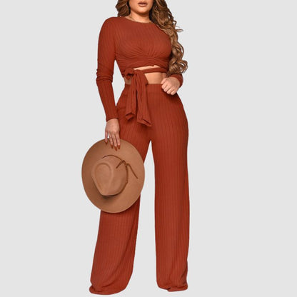 Ribbed Knit Tie-up Top & Wide Leg Pant Set Black / L