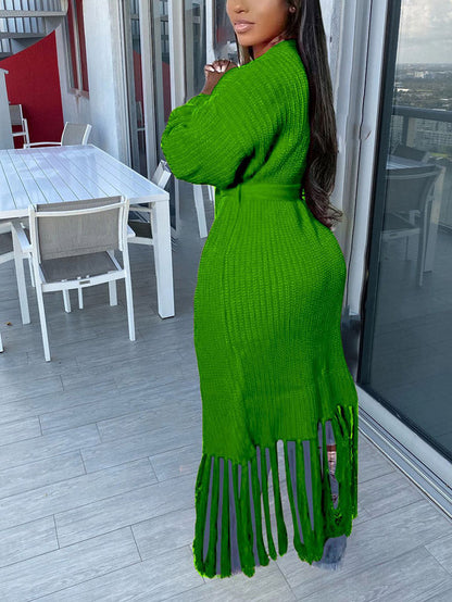 Knit Tassels With Belt Cardigan Green / 2XL