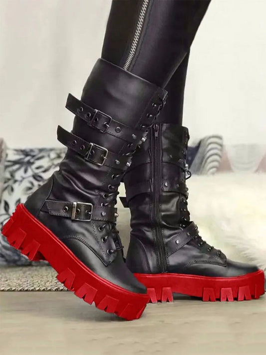 Eyelet Buckled Zipper Platform Boots White / 5/5.5
