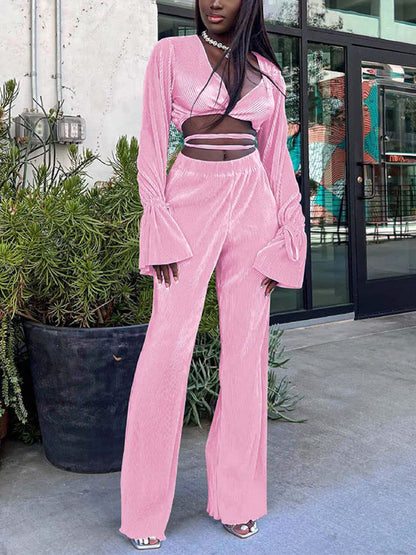 Tie Up Ruched Casual Set Pink / M