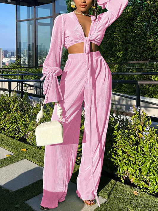 Tie Up Ruched Casual Set Pink / S