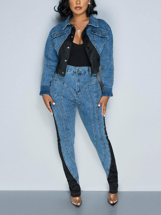 Color Contrast Denim Jacket & Jeans Jacket / S