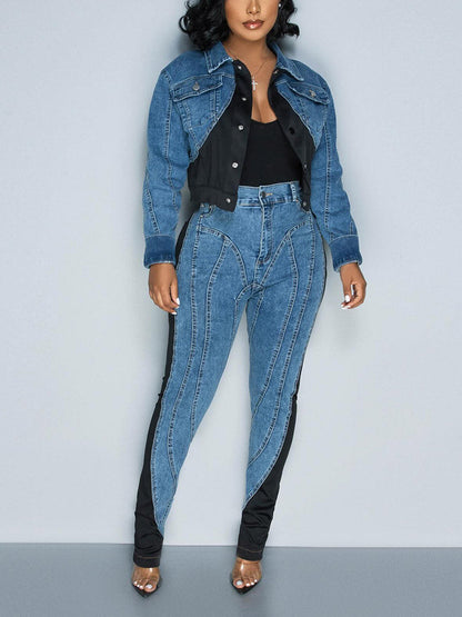 Color Contrast Denim Jacket & Jeans Jacket / L