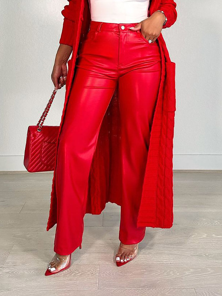 Wide-Leg PU Leather Pants Red / S