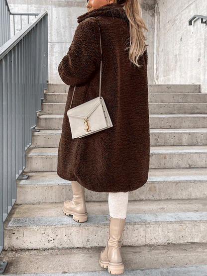 Solid Lapel Teddy Fur Long Coat Brown / S