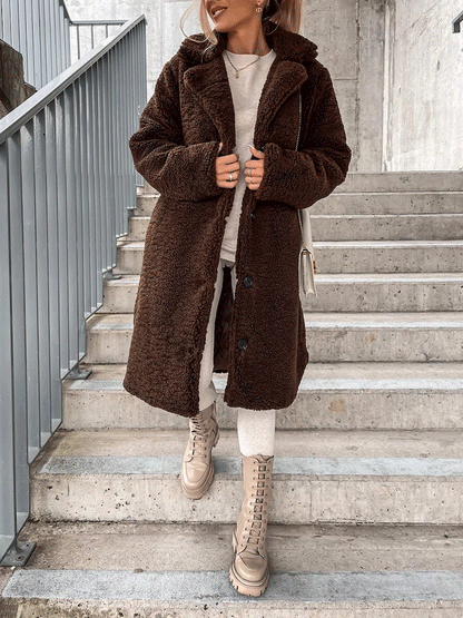 Solid Lapel Teddy Fur Long Coat Khaki / 3XL
