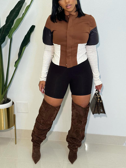 Colorblock Puffer Knit-Sleeve Jacket Brown* / S