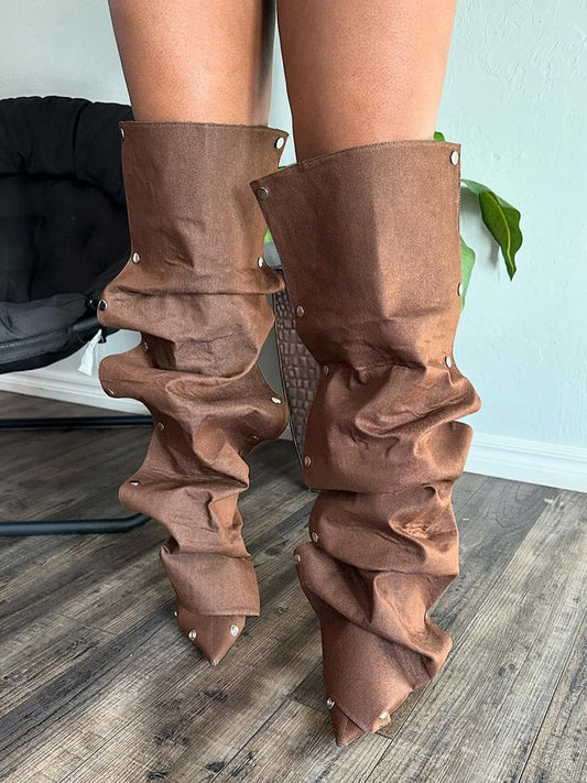 Handcrafted  Leather Press Stud Knee-High Boots Black / 5/5.5