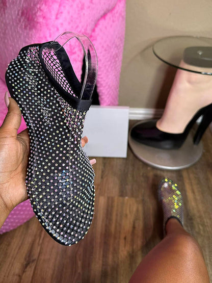 Rhinestone Mesh Flat Sandals Black / 5/5.5