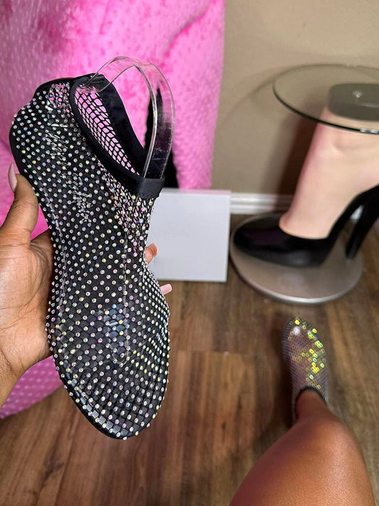 Rhinestone Mesh Flat Sandals Black / 5/5.5