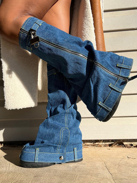 Handcrafted  Denim Wedge Heel Boots Blue / 5/5.5