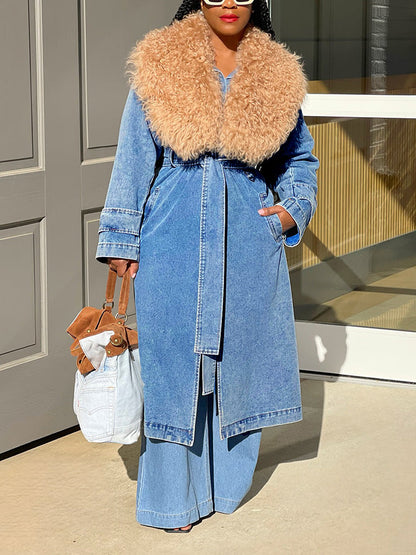 Fur Collar Denim Trench Coat *Blue / M