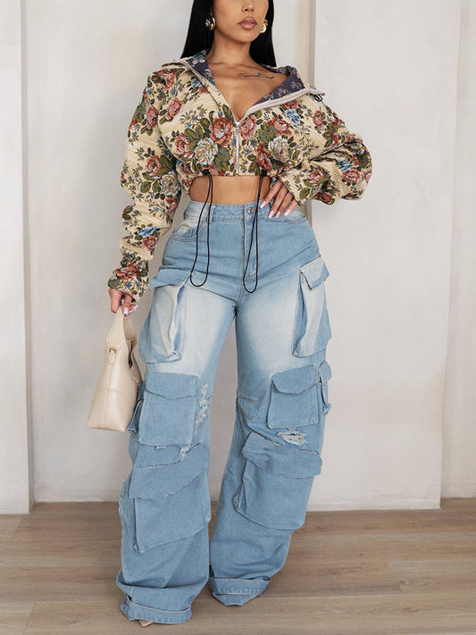 Vintage Floral Zip-Up Crop Jacket Apricot / S