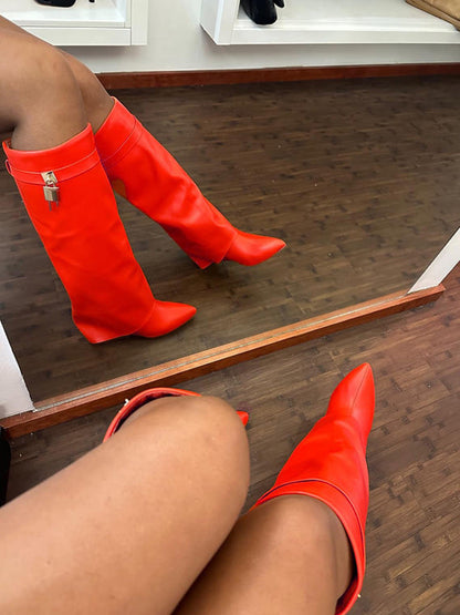 Lock & Key Leather Wedge Heel Boots Red / 6.5/7