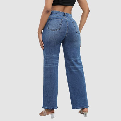 High Waist Ripped Wide Leg Jeans Dark Blue / L
