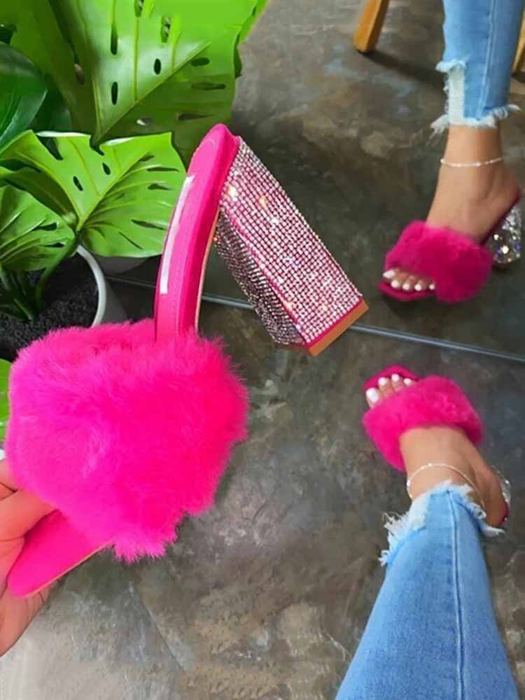 Rhinestone Chunky Heel Furry Sandal Yellow / 5/5.5