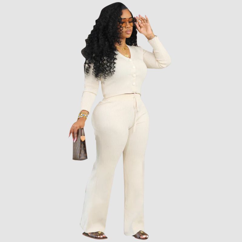 V-neck Crop Top & Drawstring Knit Pant set White / 2XL