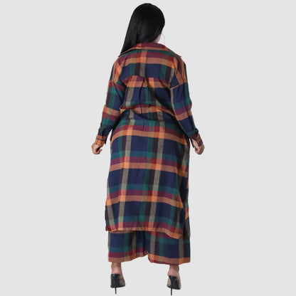 Plaid Shirts Wide Leg Pant Set Blue / XL
