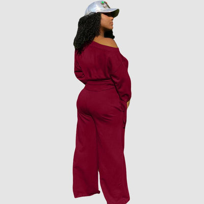 Off-shoulder Wide Leg Pant Set Wine / M