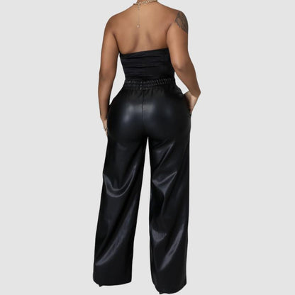 Solid Color Wide Leg PU Leather Pants Wine / S
