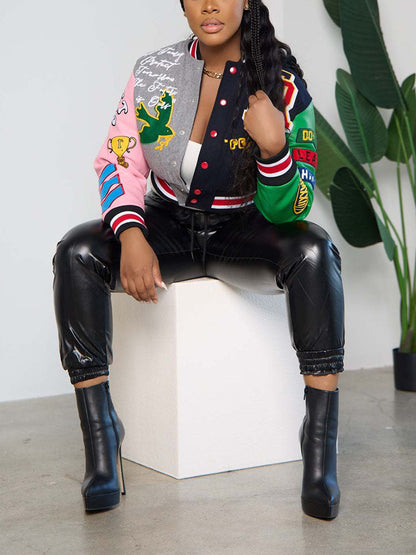 Bright Future Cropped Varsity Jacket Black Gray / L