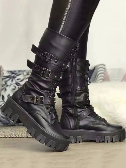 Eyelet Buckled Zipper Platform Boots White / 10.5/11