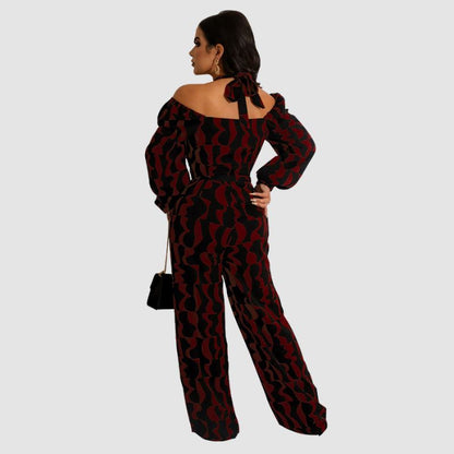 Irregular Printed Halter Jumpsuits Coffee / XL