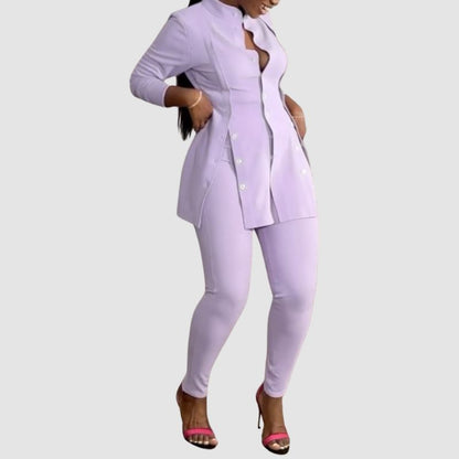 Stand Collar Slit Top & Bodycon Pants set Brown / XL