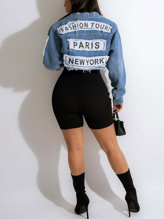 Letter Print Denim Jacket Blue / S