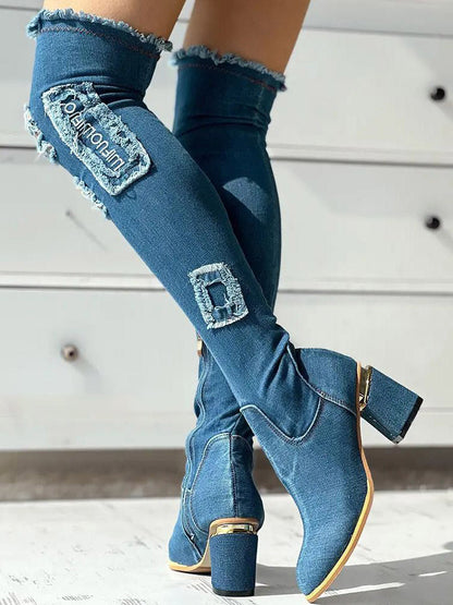Ripped Over The Knee Denim Boots Blue / 7.5/8