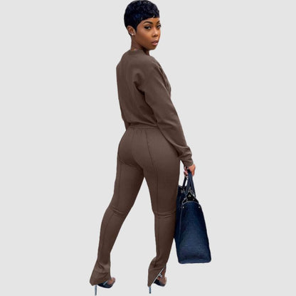 Crew Neck Top & Slit Pant Set Pink / XL