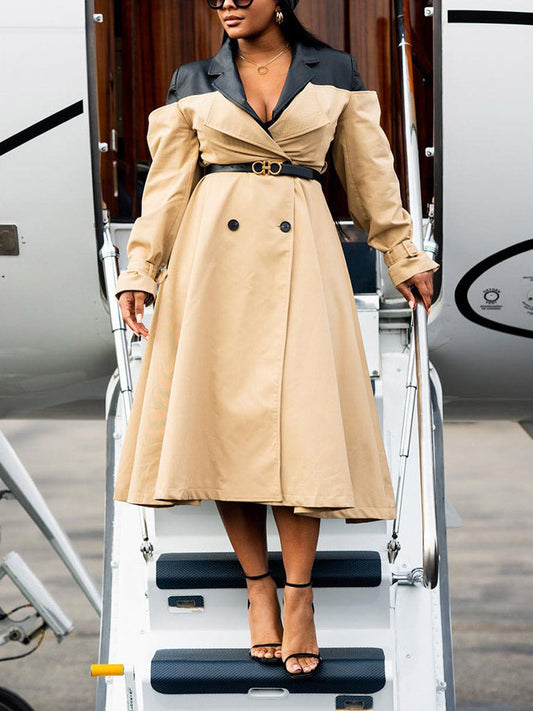 Leather Contrast Belted Trench Coat Khaki / S