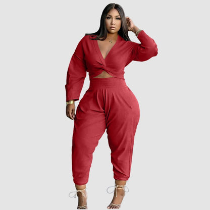 Twisted V-neck Crop Top & High Waist Pant Set Grey / XL