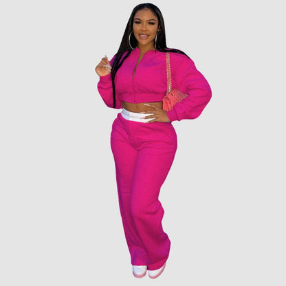 Zipper Sweatshirt & Wide Leg Pant Set Green / XL