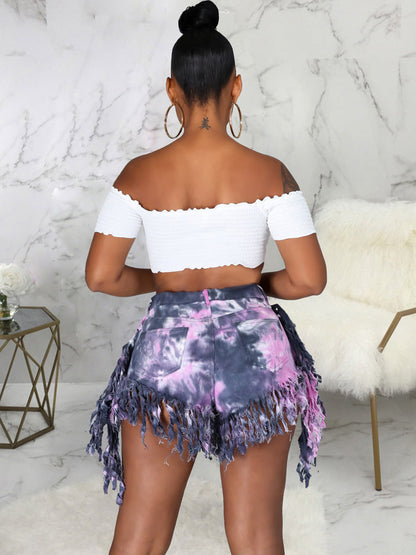 Tie-dye Tassels Denim Shorts Purple / 3XL