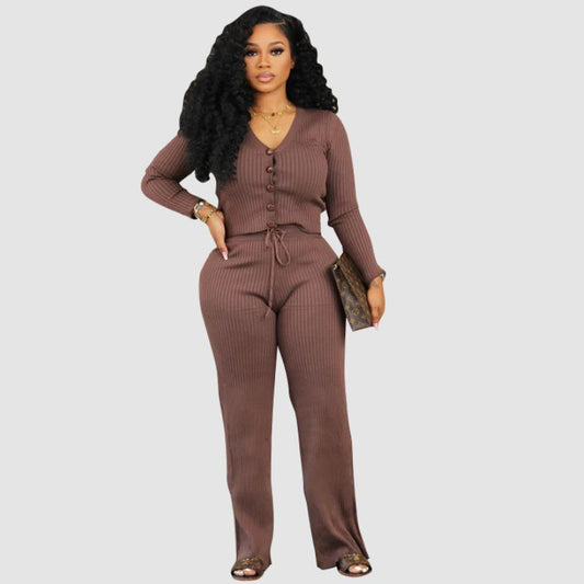 V-neck Crop Top & Drawstring Knit Pant set White / S