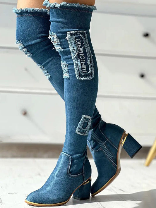 Ripped Over The Knee Denim Boots Blue / 5/5.5