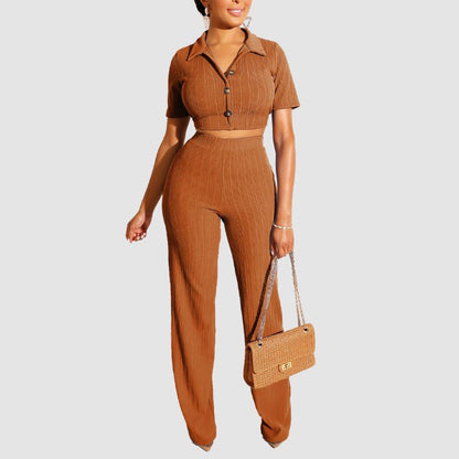 Lapel Crop Top & Long Pant Set Grey / L
